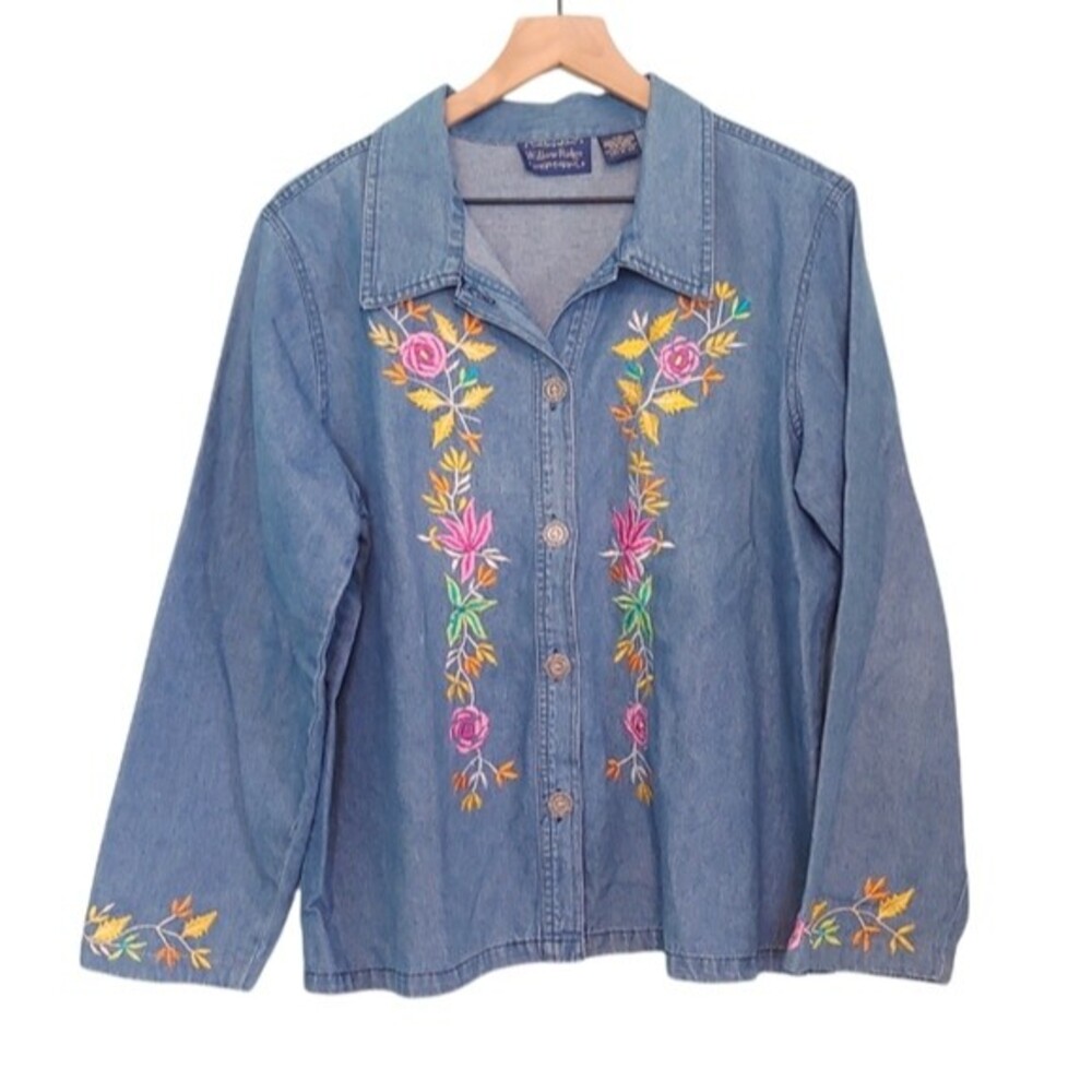 Willow Ridge Denim Floral Embroidered Button Up Shirt Jacket Size Large